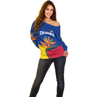 Colombia Heliconia Flower Off Shoulder Sweater with Flag Colors and Blue Cultural Pattern Design - Wonder Print Shop
