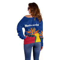 Colombia Heliconia Flower Off Shoulder Sweater with Flag Colors and Blue Cultural Pattern Design - Wonder Print Shop