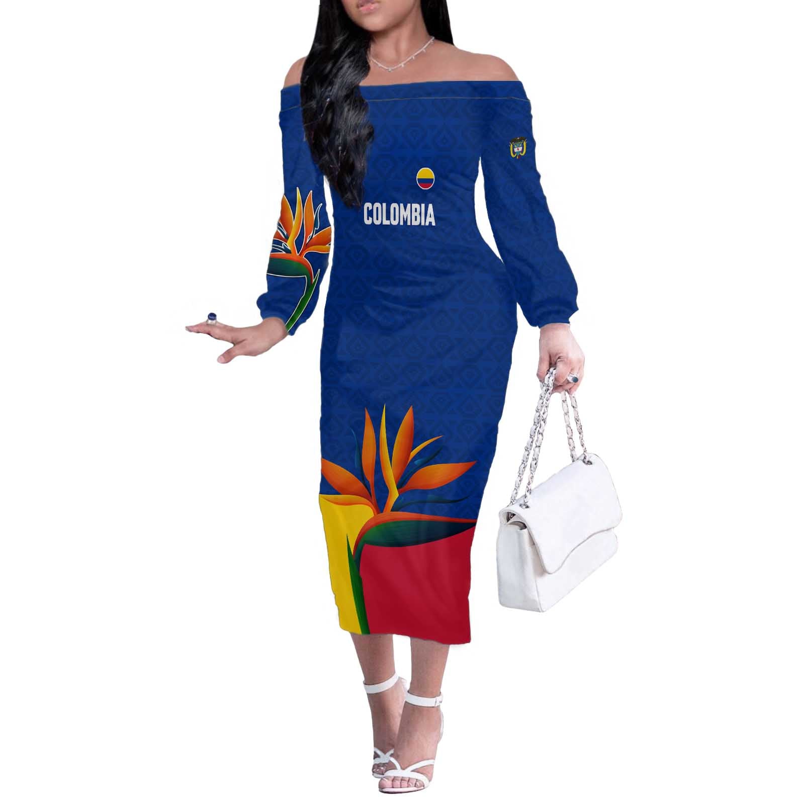 Colombia Heliconia Flower Off The Shoulder Long Sleeve Dress with Flag Colors and Blue Cultural Pattern Design - Wonder Print Shop