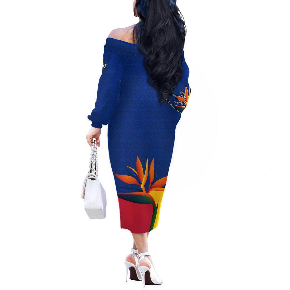 Colombia Heliconia Flower Off The Shoulder Long Sleeve Dress with Flag Colors and Blue Cultural Pattern Design - Wonder Print Shop