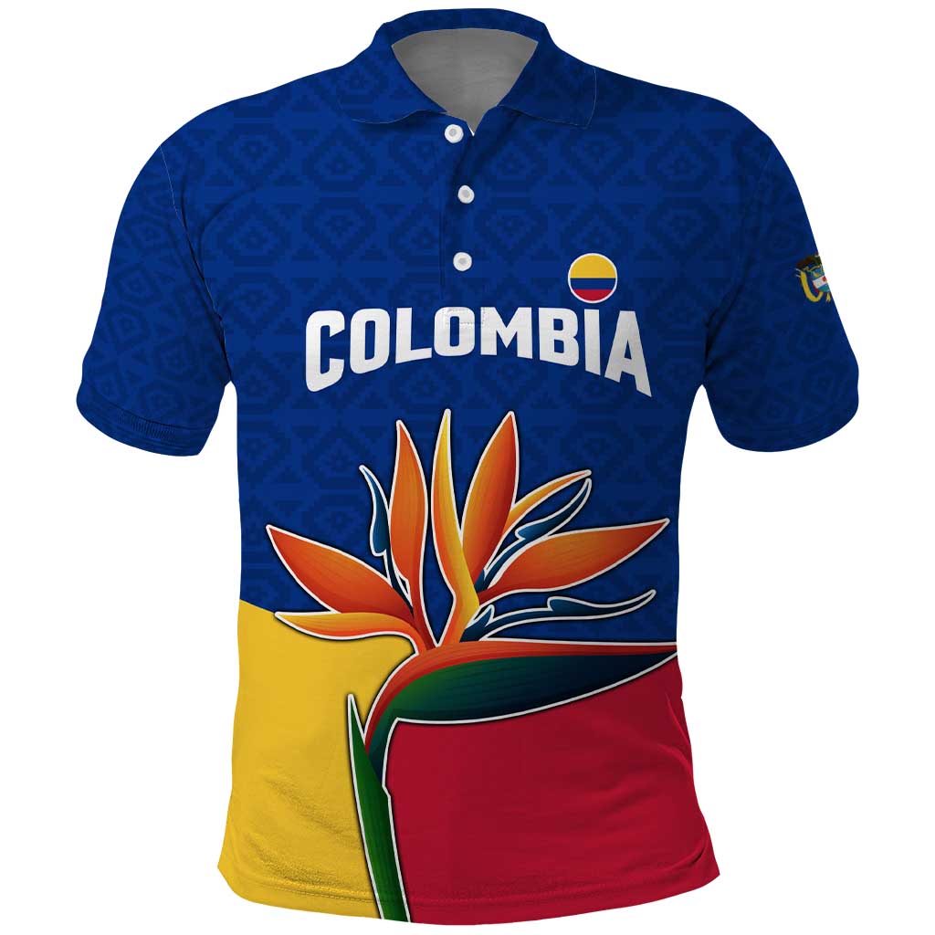 Colombia Heliconia Flower Polo Shirt with Flag Colors and Blue Cultural Pattern Design - Wonder Print Shop