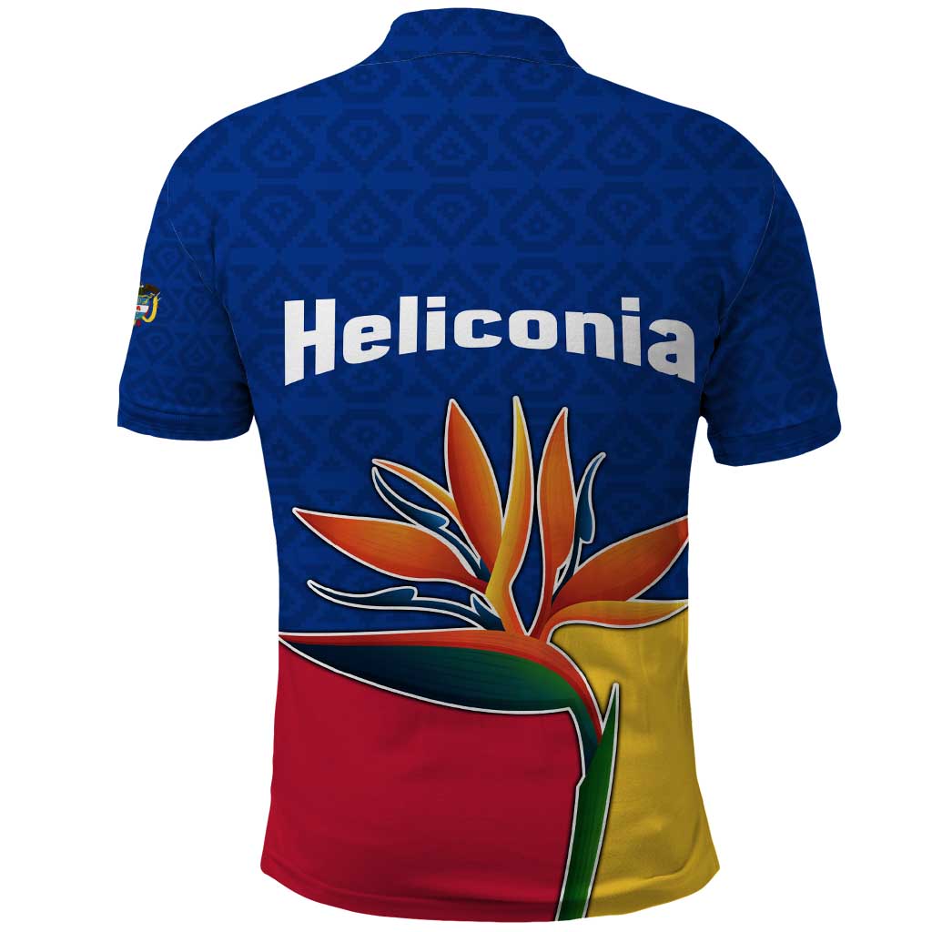 Colombia Heliconia Flower Polo Shirt with Flag Colors and Blue Cultural Pattern Design - Wonder Print Shop