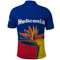 Colombia Heliconia Flower Polo Shirt with Flag Colors and Blue Cultural Pattern Design - Wonder Print Shop