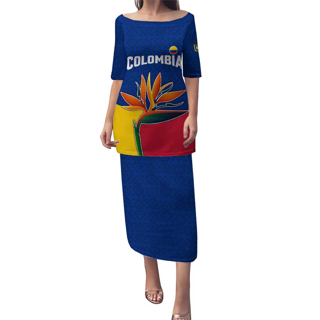 Colombia Heliconia Flower Puletasi with Flag Colors and Blue Cultural Pattern Design - Wonder Print Shop