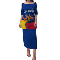 Colombia Heliconia Flower Puletasi with Flag Colors and Blue Cultural Pattern Design - Wonder Print Shop