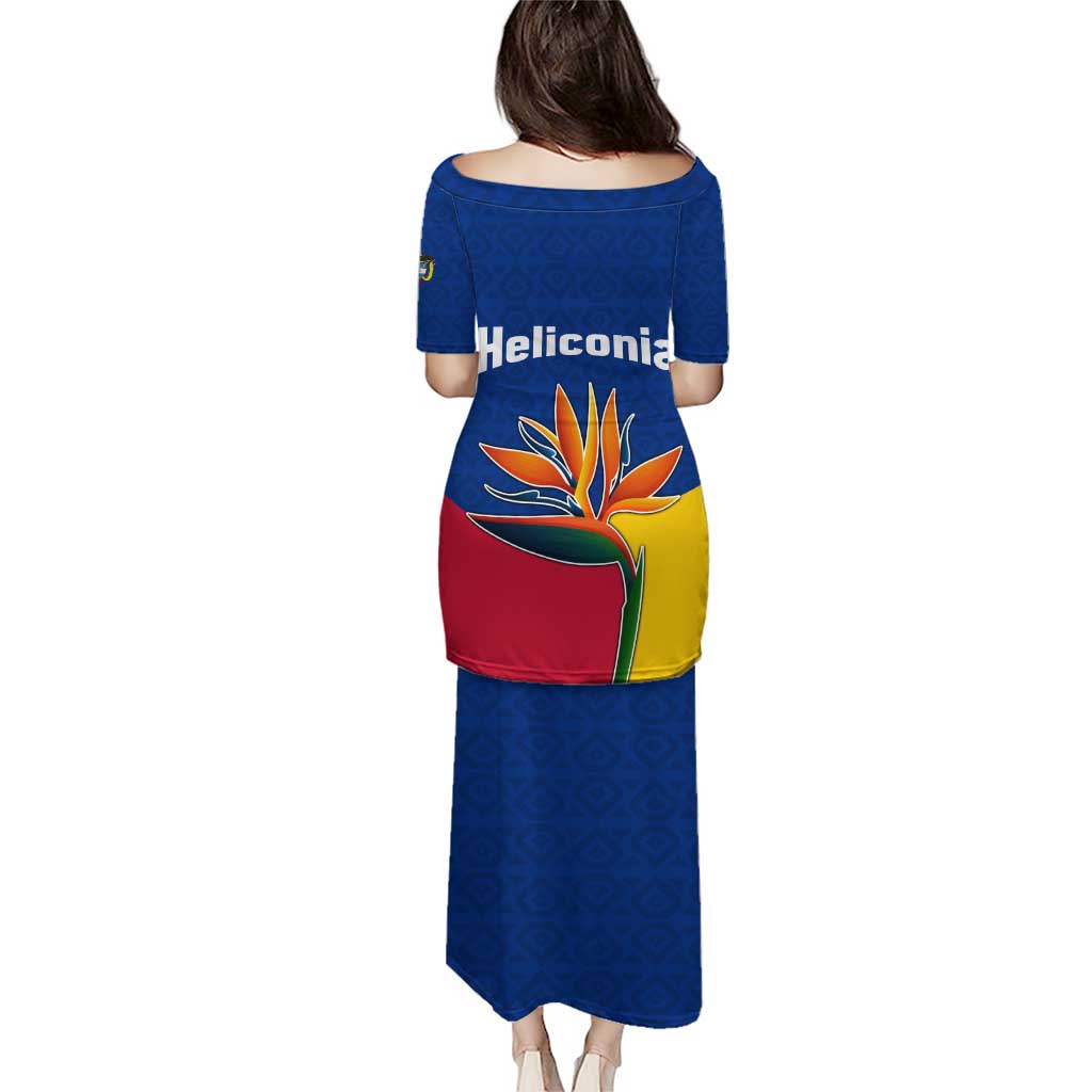 Colombia Heliconia Flower Puletasi with Flag Colors and Blue Cultural Pattern Design - Wonder Print Shop