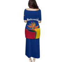 Colombia Heliconia Flower Puletasi with Flag Colors and Blue Cultural Pattern Design - Wonder Print Shop