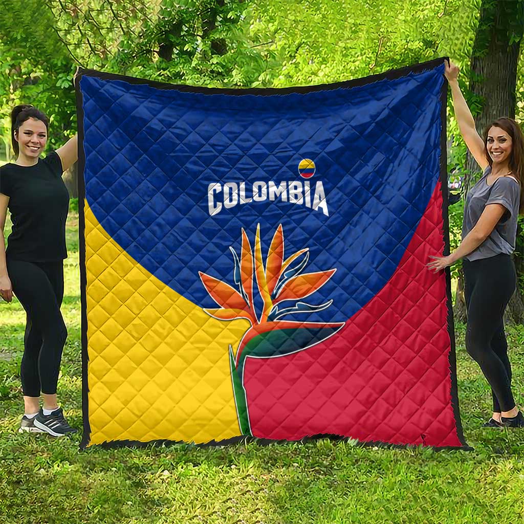 Colombia Heliconia Flower Quilt with Flag Colors and Blue Cultural Pattern Design - Wonder Print Shop