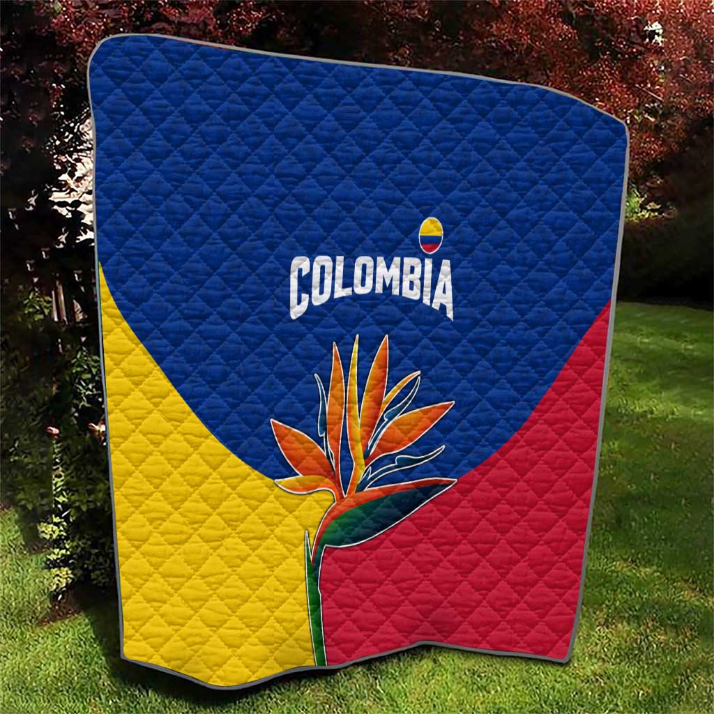 Colombia Heliconia Flower Quilt with Flag Colors and Blue Cultural Pattern Design - Wonder Print Shop