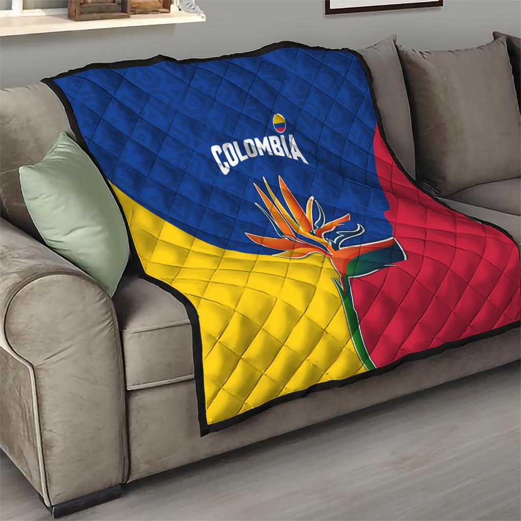Colombia Heliconia Flower Quilt with Flag Colors and Blue Cultural Pattern Design - Wonder Print Shop
