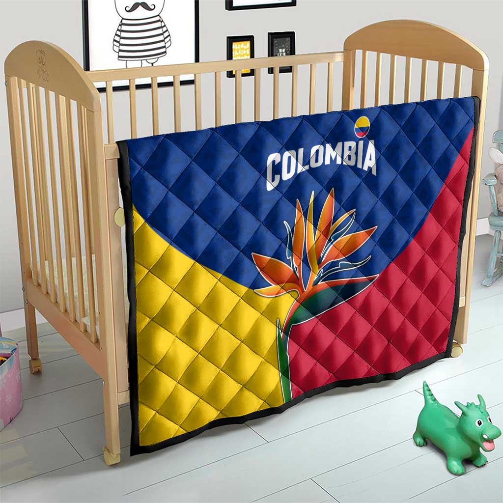 Colombia Heliconia Flower Quilt with Flag Colors and Blue Cultural Pattern Design - Wonder Print Shop