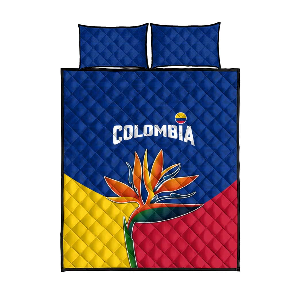 Colombia Heliconia Flower Quilt Bed Set with Flag Colors and Blue Cultural Pattern Design - Wonder Print Shop