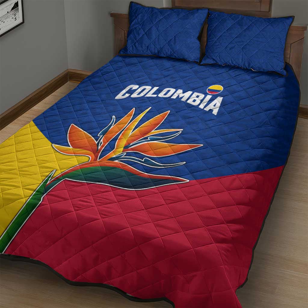 Colombia Heliconia Flower Quilt Bed Set with Flag Colors and Blue Cultural Pattern Design - Wonder Print Shop
