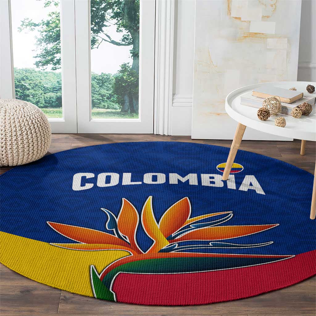 Colombia Heliconia Flower Round Carpet with Flag Colors and Blue Cultural Pattern Design - Wonder Print Shop
