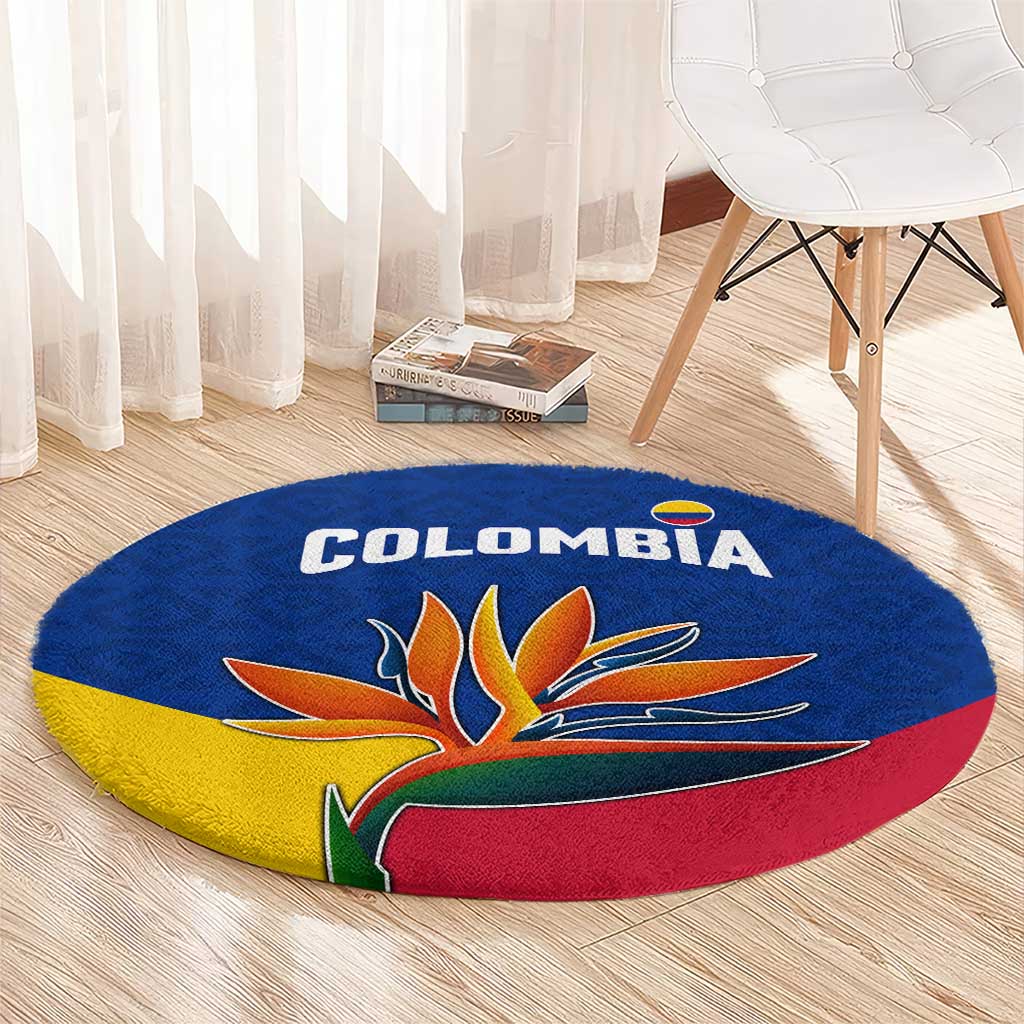 Colombia Heliconia Flower Round Carpet with Flag Colors and Blue Cultural Pattern Design - Wonder Print Shop