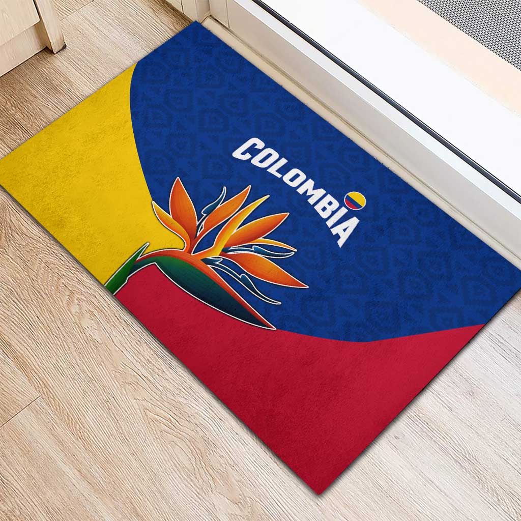 Colombia Heliconia Flower Rubber Doormat with Flag Colors and Blue Cultural Pattern Design - Wonder Print Shop