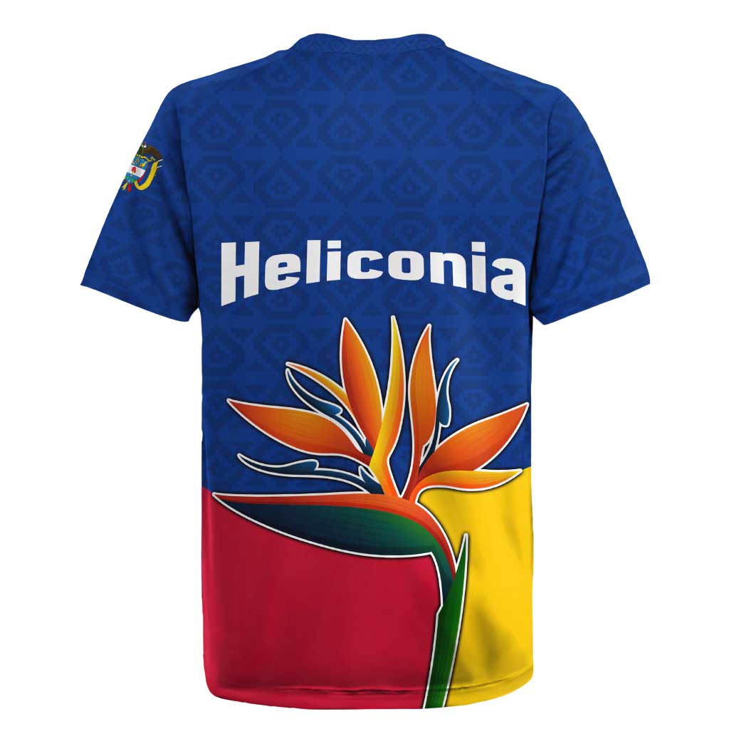 Colombia Heliconia Flower Rugby Jersey with Flag Colors and Blue Cultural Pattern Design - Wonder Print Shop