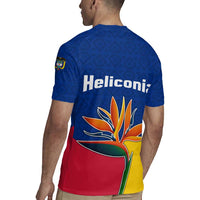 Colombia Heliconia Flower Rugby Jersey with Flag Colors and Blue Cultural Pattern Design - Wonder Print Shop