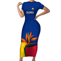 Colombia Heliconia Flower Short Sleeve Bodycon Dress with Flag Colors and Blue Cultural Pattern Design - Wonder Print Shop