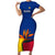 Colombia Heliconia Flower Short Sleeve Bodycon Dress with Flag Colors and Blue Cultural Pattern Design - Wonder Print Shop