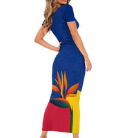 Colombia Heliconia Flower Short Sleeve Bodycon Dress with Flag Colors and Blue Cultural Pattern Design - Wonder Print Shop
