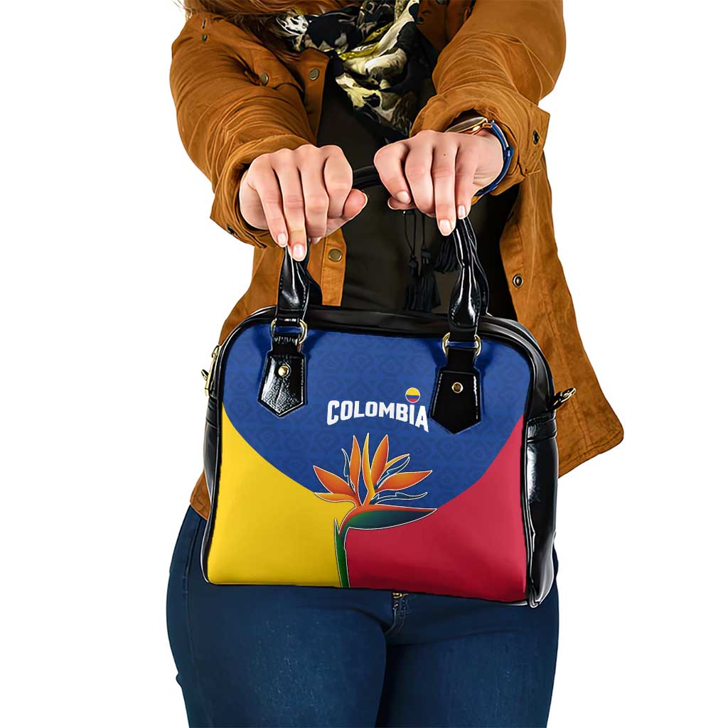 Colombia Heliconia Flower Shoulder Handbag with Flag Colors and Blue Cultural Pattern Design - Wonder Print Shop