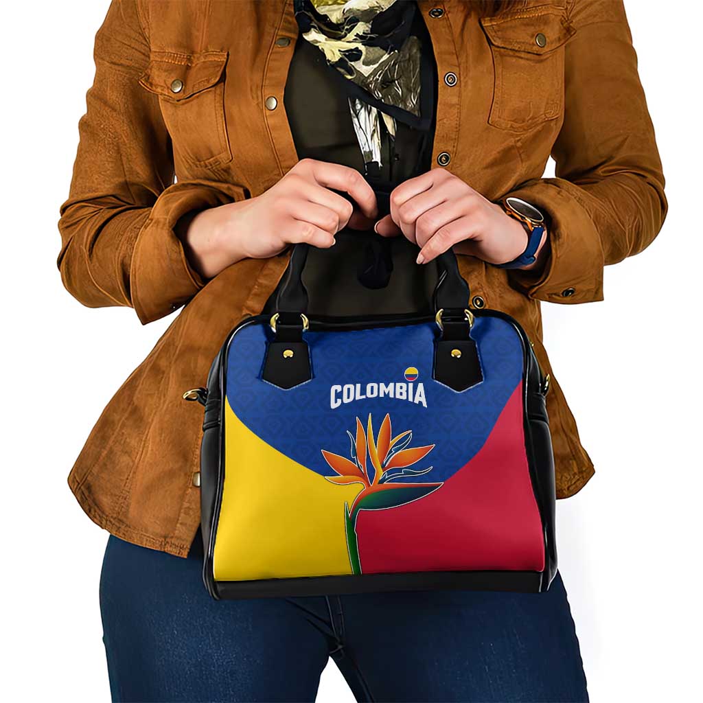 Colombia Heliconia Flower Shoulder Handbag with Flag Colors and Blue Cultural Pattern Design - Wonder Print Shop