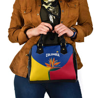 Colombia Heliconia Flower Shoulder Handbag with Flag Colors and Blue Cultural Pattern Design - Wonder Print Shop