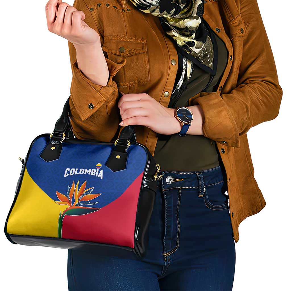 Colombia Heliconia Flower Shoulder Handbag with Flag Colors and Blue Cultural Pattern Design - Wonder Print Shop