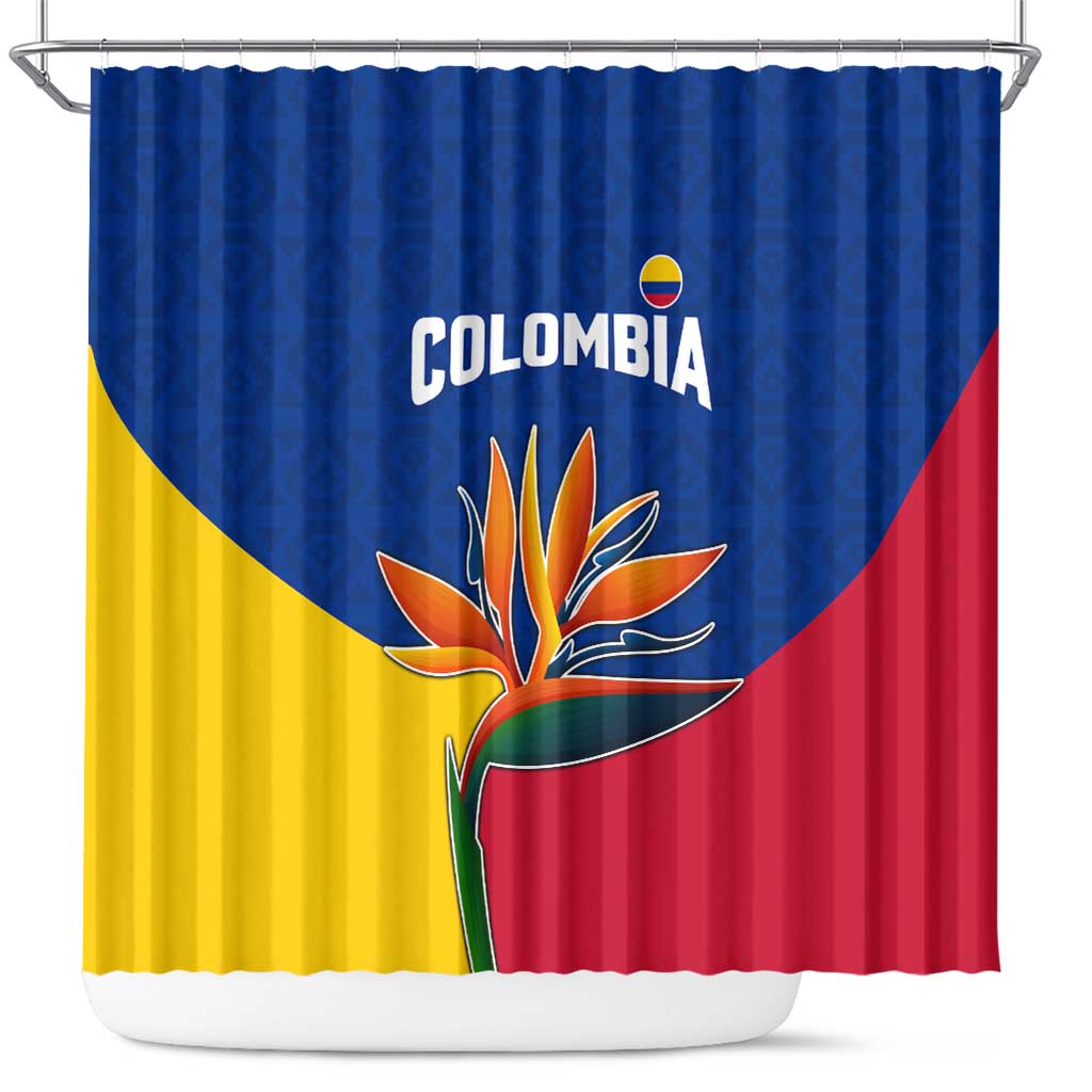 Colombia Heliconia Flower Shower Curtain with Flag Colors and Blue Cultural Pattern Design - Wonder Print Shop