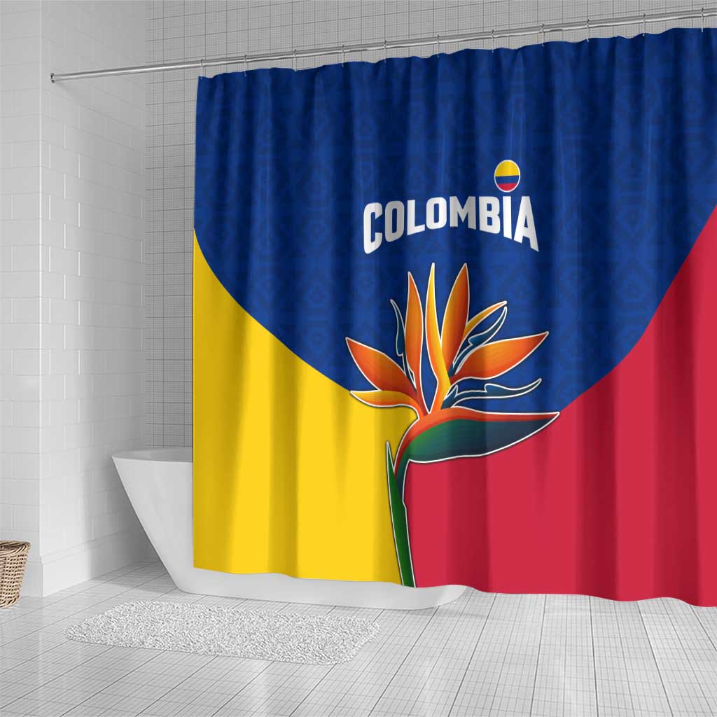 Colombia Heliconia Flower Shower Curtain with Flag Colors and Blue Cultural Pattern Design - Wonder Print Shop
