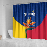 Colombia Heliconia Flower Shower Curtain with Flag Colors and Blue Cultural Pattern Design - Wonder Print Shop