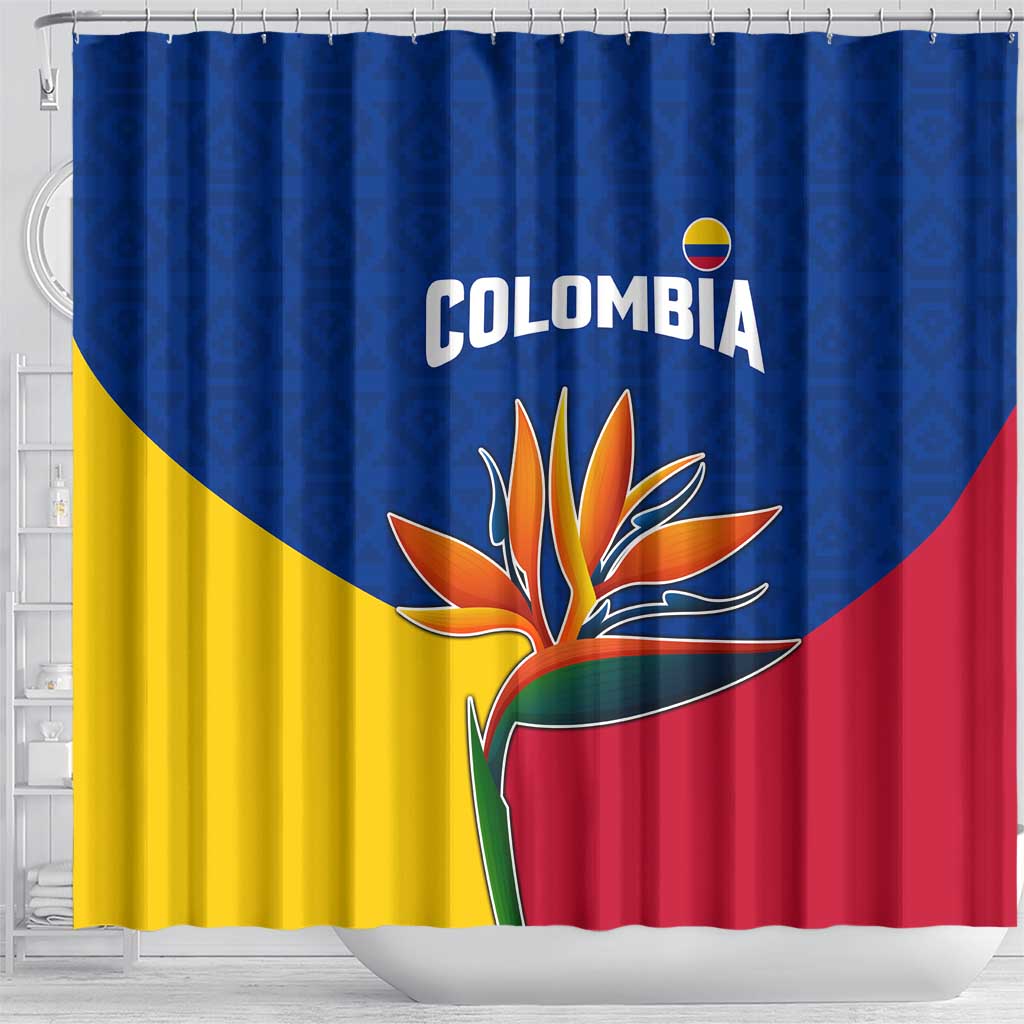 Colombia Heliconia Flower Shower Curtain with Flag Colors and Blue Cultural Pattern Design - Wonder Print Shop