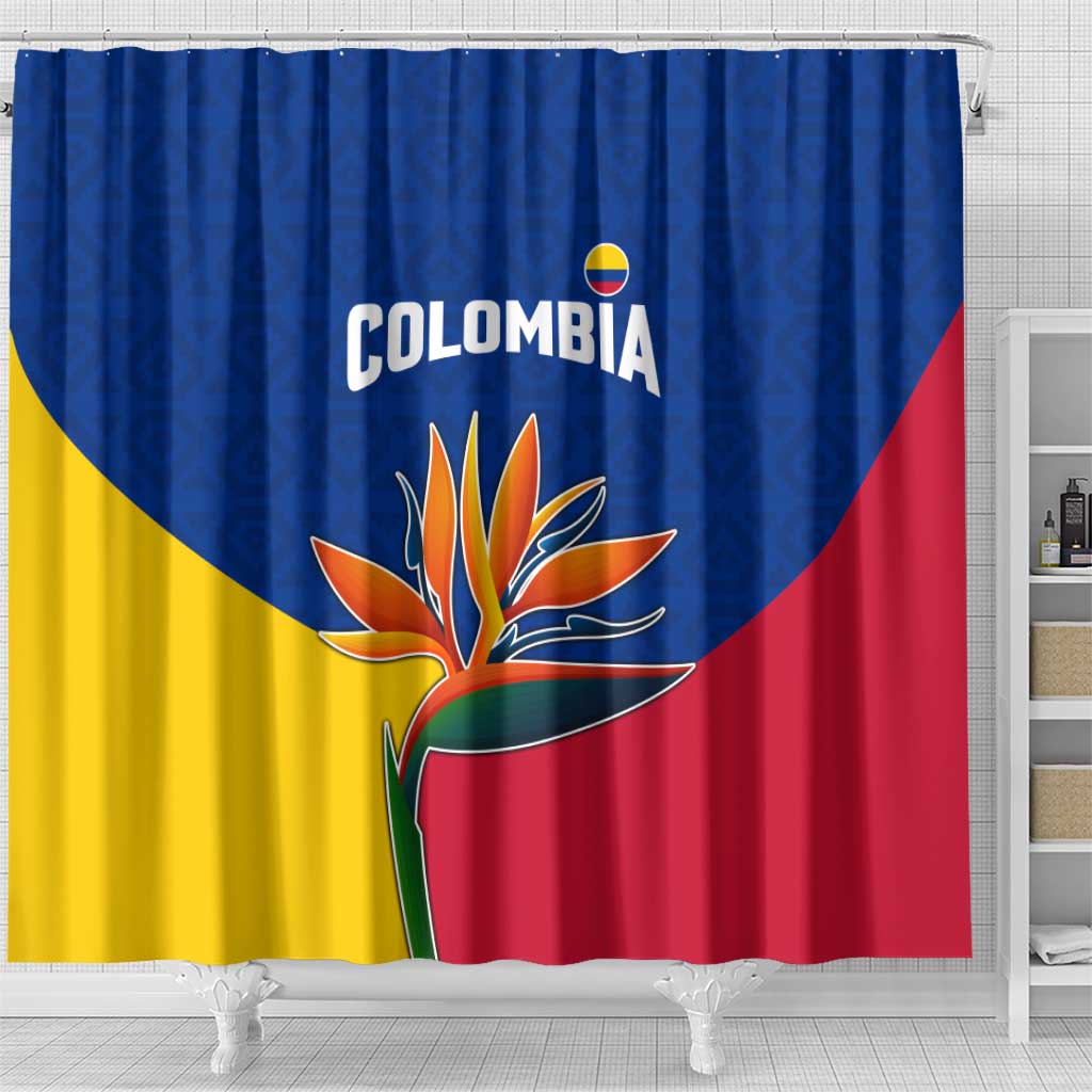 Colombia Heliconia Flower Shower Curtain with Flag Colors and Blue Cultural Pattern Design - Wonder Print Shop
