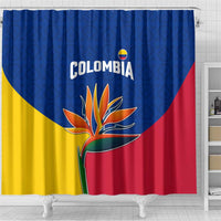 Colombia Heliconia Flower Shower Curtain with Flag Colors and Blue Cultural Pattern Design - Wonder Print Shop