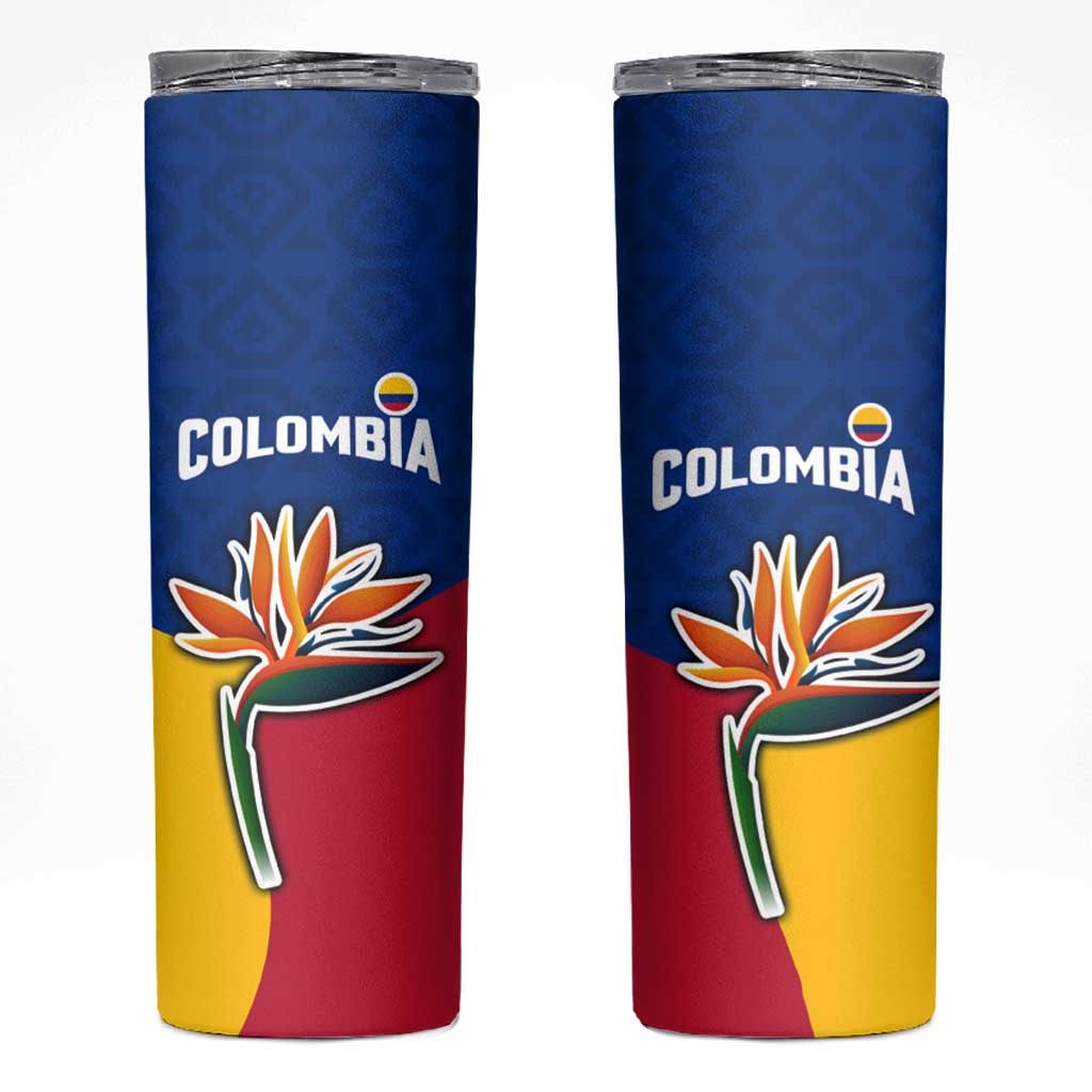 Colombia Heliconia Flower Skinny Tumbler with Flag Colors and Blue Cultural Pattern Design - Wonder Print Shop