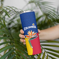 Colombia Heliconia Flower Skinny Tumbler with Flag Colors and Blue Cultural Pattern Design - Wonder Print Shop