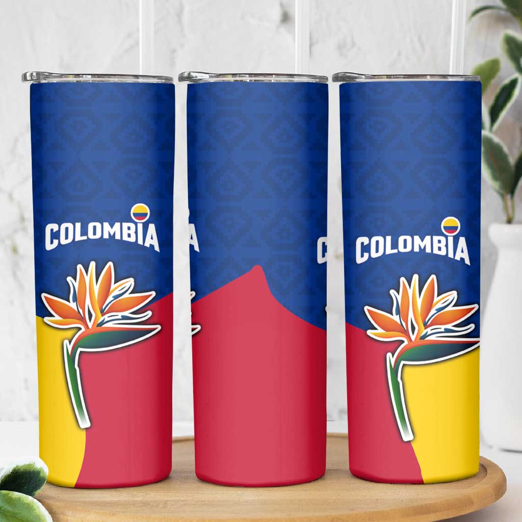 Colombia Heliconia Flower Skinny Tumbler with Flag Colors and Blue Cultural Pattern Design - Wonder Print Shop