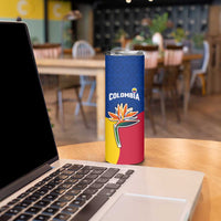Colombia Heliconia Flower Skinny Tumbler with Flag Colors and Blue Cultural Pattern Design - Wonder Print Shop