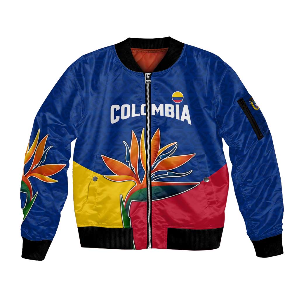 Colombia Heliconia Flower Sleeve Zip Bomber Jacket with Flag Colors and Blue Cultural Pattern Design - Wonder Print Shop