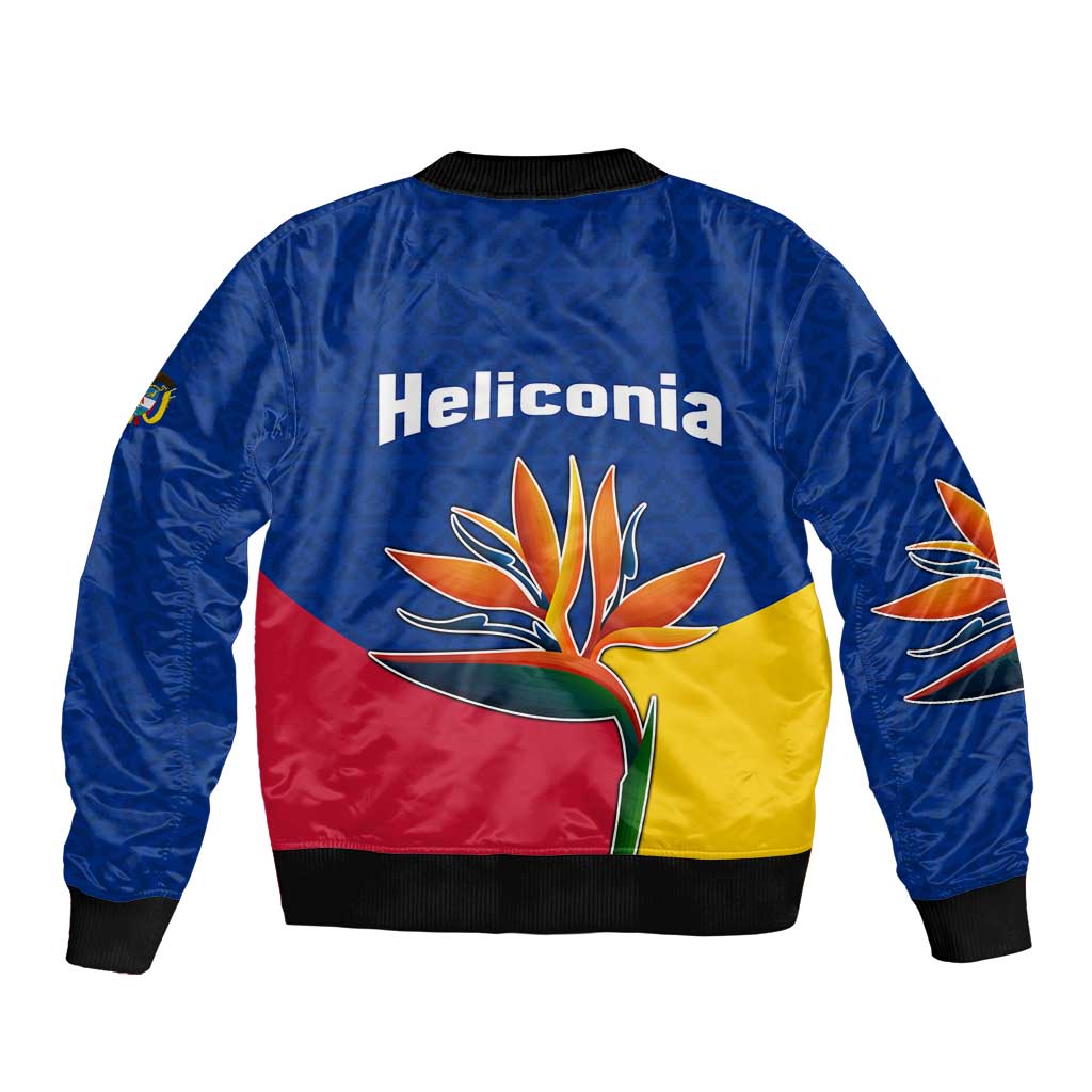 Colombia Heliconia Flower Sleeve Zip Bomber Jacket with Flag Colors and Blue Cultural Pattern Design - Wonder Print Shop