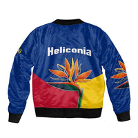 Colombia Heliconia Flower Sleeve Zip Bomber Jacket with Flag Colors and Blue Cultural Pattern Design - Wonder Print Shop