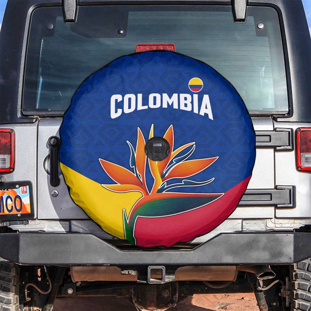 Colombia Heliconia Flower Spare Tire Cover with Flag Colors and Blue Cultural Pattern Design - Wonder Print Shop