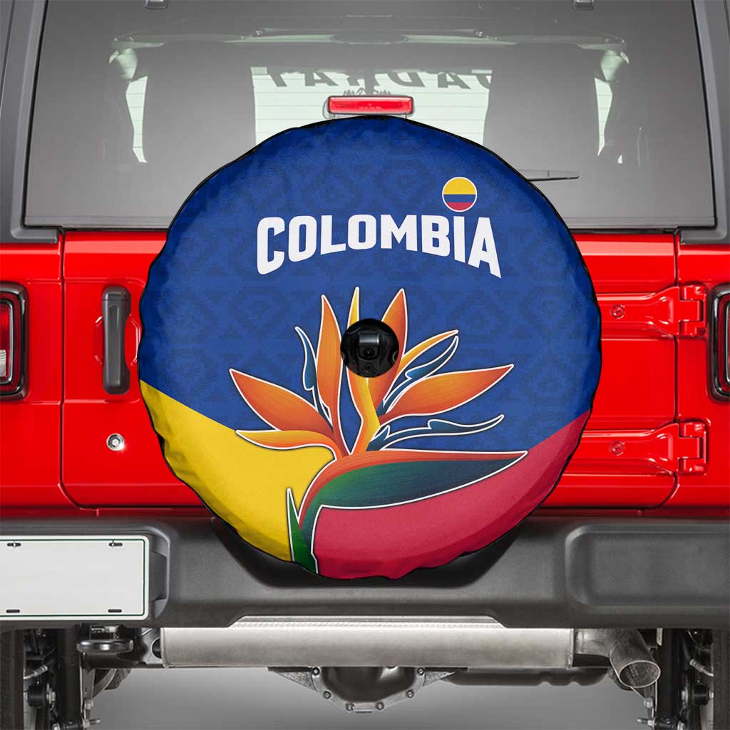 Colombia Heliconia Flower Spare Tire Cover with Flag Colors and Blue Cultural Pattern Design - Wonder Print Shop