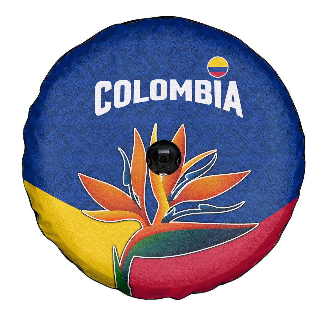 Colombia Heliconia Flower Spare Tire Cover with Flag Colors and Blue Cultural Pattern Design - Wonder Print Shop