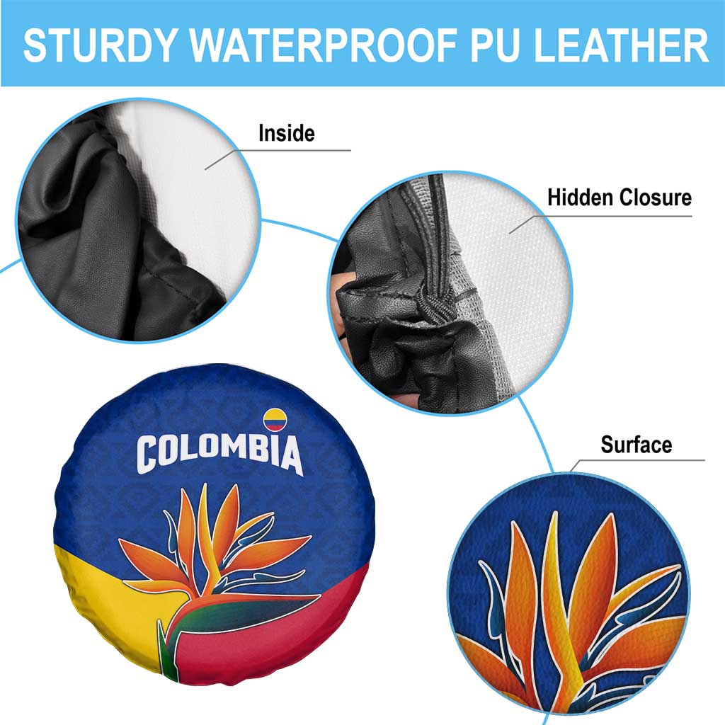 Colombia Heliconia Flower Spare Tire Cover with Flag Colors and Blue Cultural Pattern Design - Wonder Print Shop