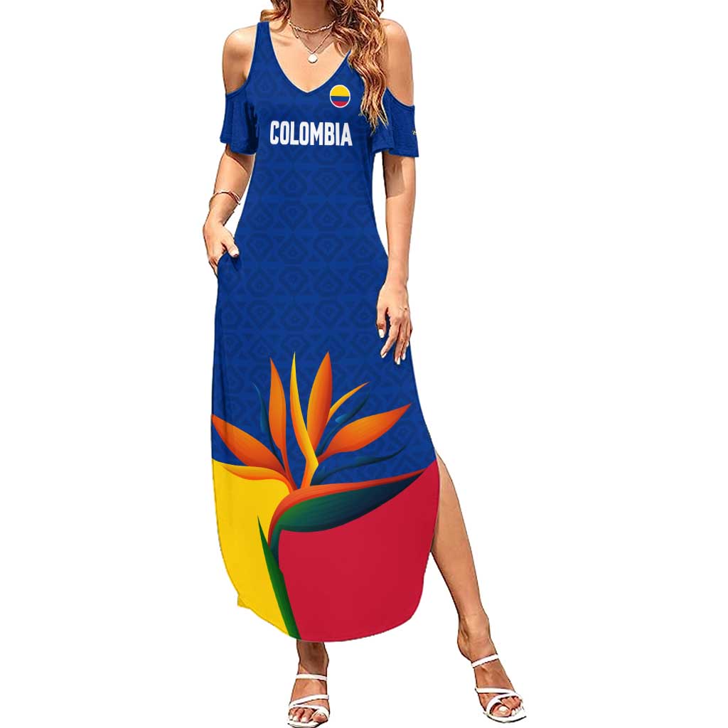 Colombia Heliconia Flower Summer Maxi Dress with Flag Colors and Blue Cultural Pattern Design - Wonder Print Shop