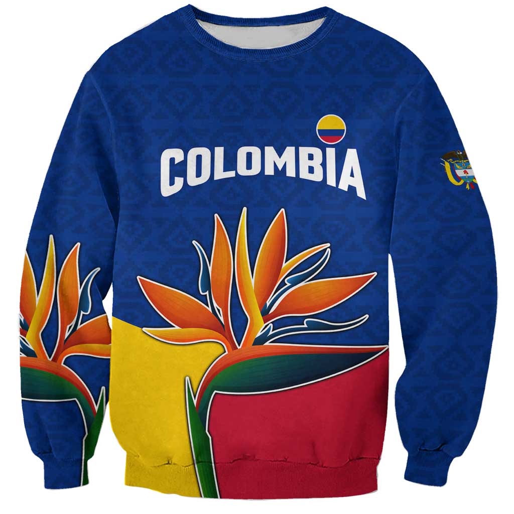 Colombia Heliconia Flower Sweatshirt with Flag Colors and Blue Cultural Pattern Design - Wonder Print Shop