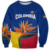 Colombia Heliconia Flower Sweatshirt with Flag Colors and Blue Cultural Pattern Design - Wonder Print Shop
