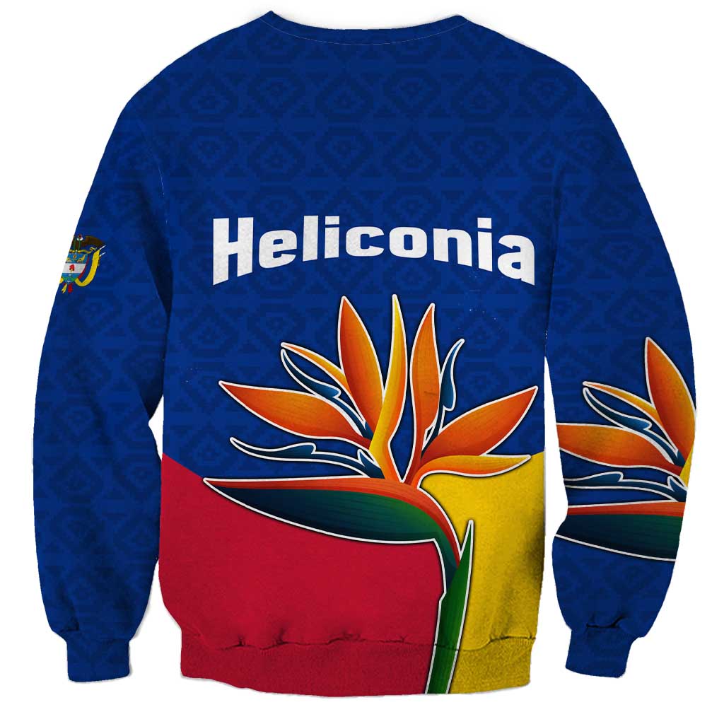 Colombia Heliconia Flower Sweatshirt with Flag Colors and Blue Cultural Pattern Design - Wonder Print Shop
